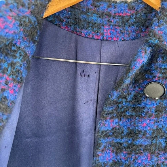 Vintage‎ Womens Blue Purple Plaid Boucle Knit Double Breasted Coat Size Small